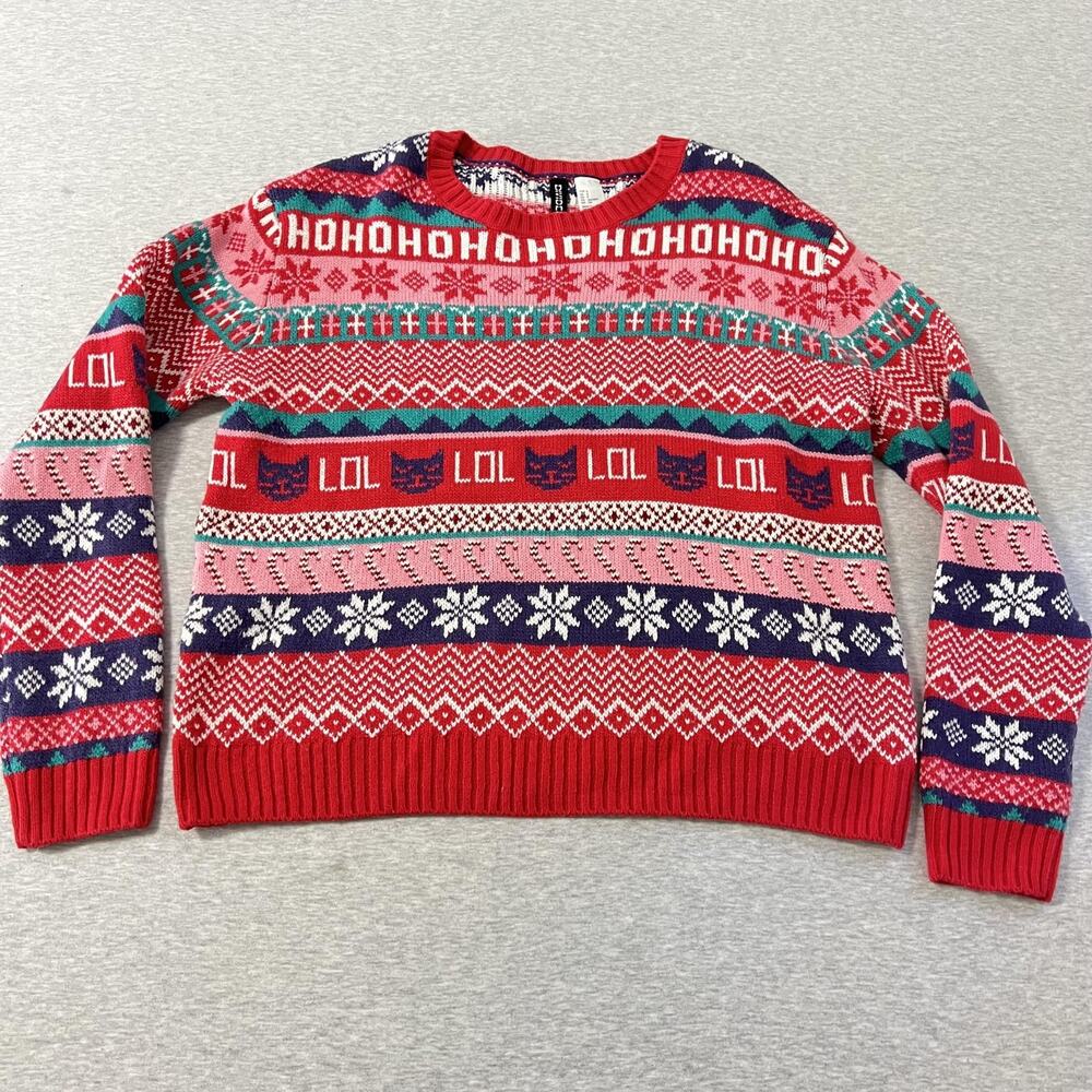 H&M Ugly‎ Christmas Sweater Womens Small Red Pink Fair Isle HoHoHo Cat